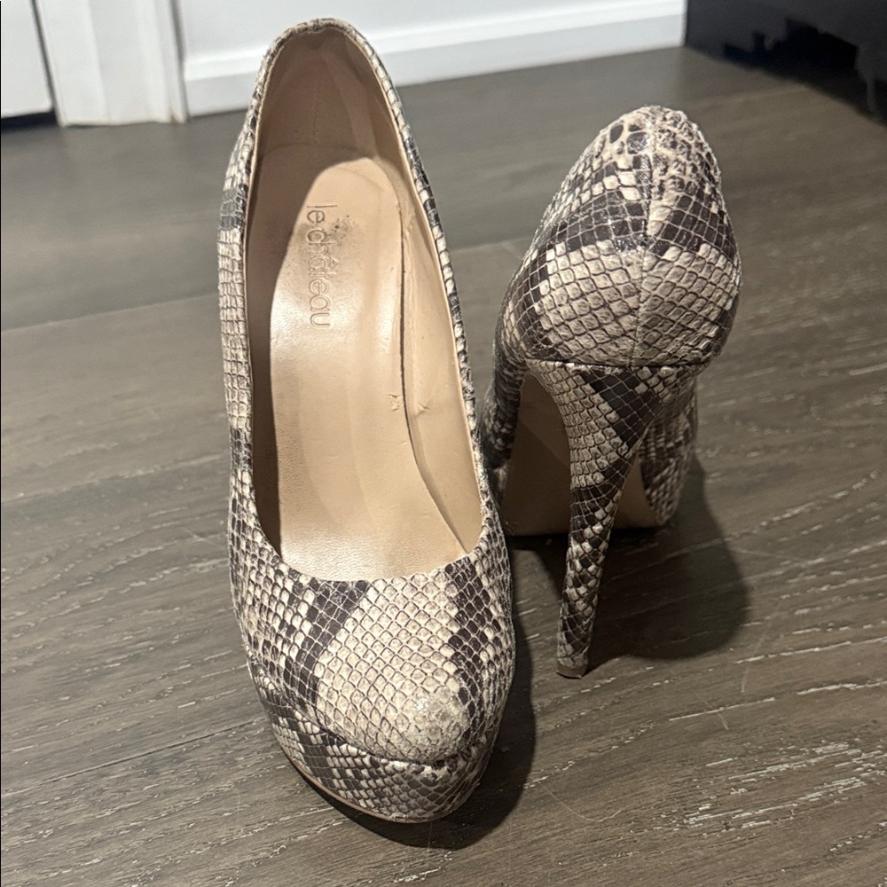 Le Chateau Beige and Black Snakeskin Heels
